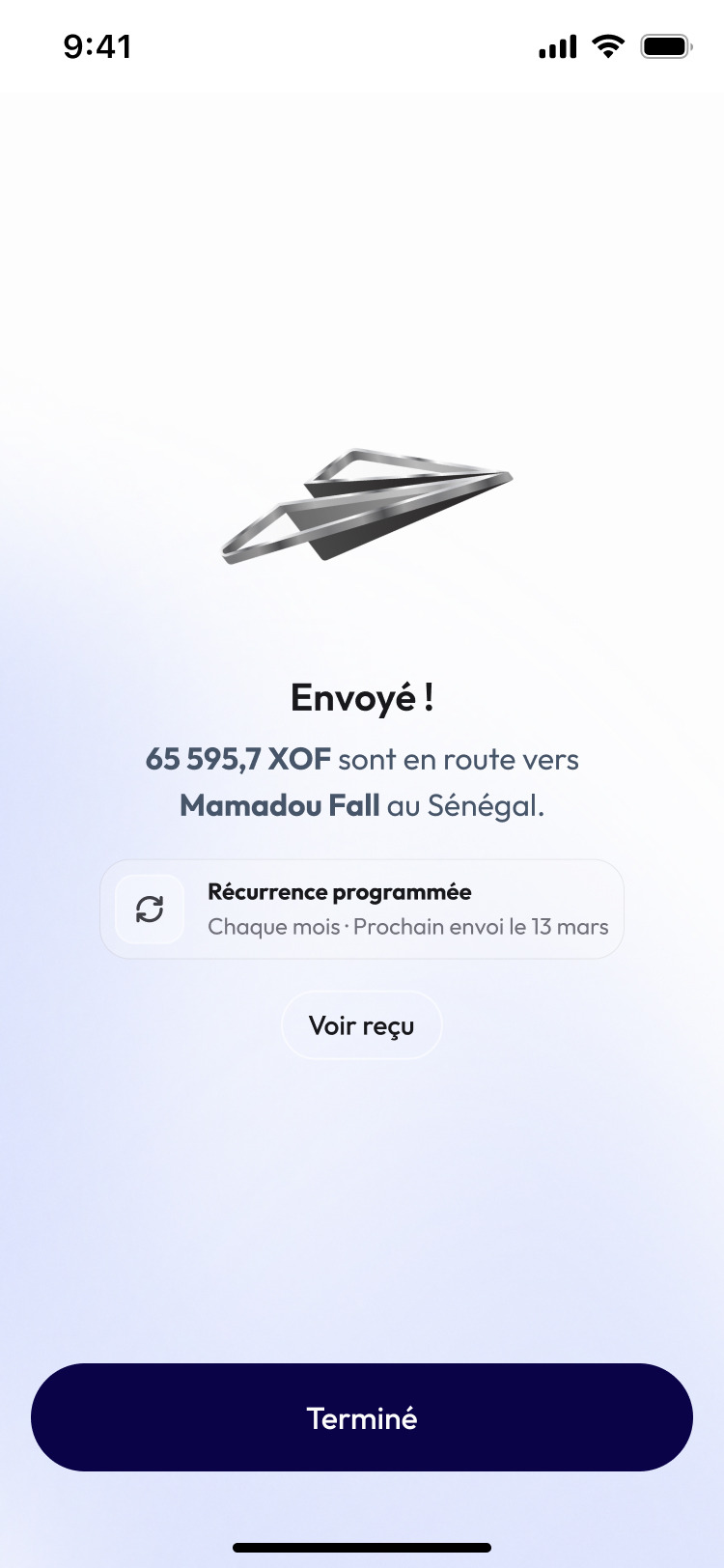 Confirmation d'envoi KubaPay
